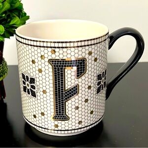 Anthropologie Bistro Tile Margot Monogram F Mug Black Gold Mosaic Tiled Initial